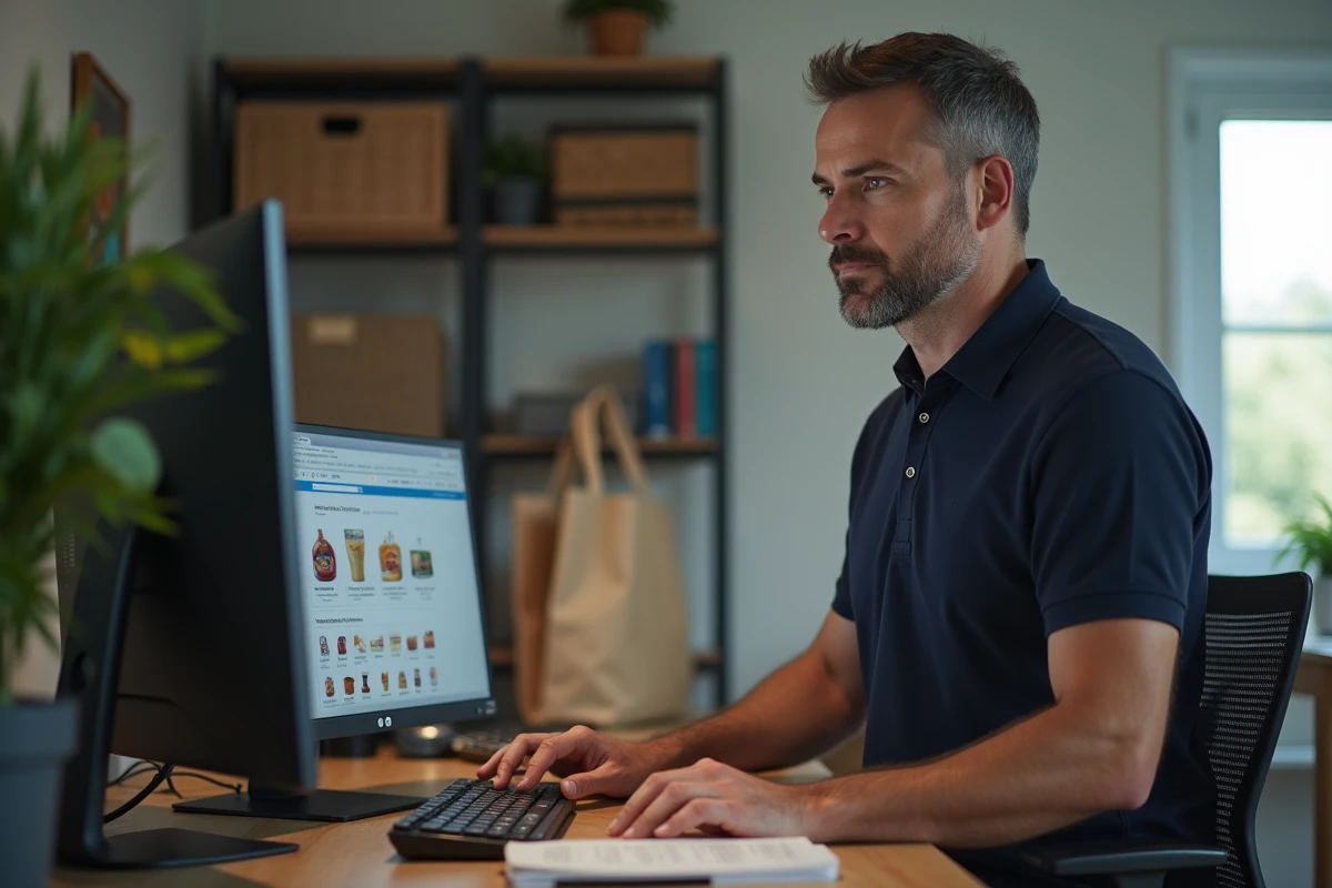 Homme faisant ses courses sur internet depuis son bureau à domicile avec une liste organisée