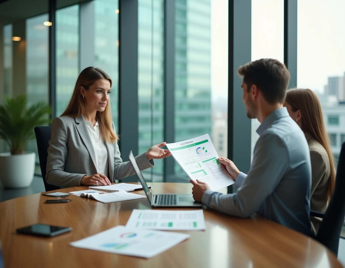 Agente immobilière présentant les résultats d'une évaluation énergétique à des propriétaires lors d'une réunion professionnelle, valorisation immobilière par le DPE