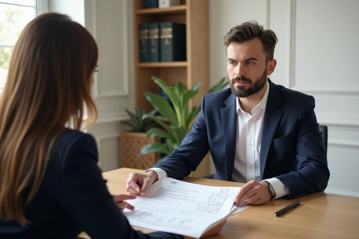 Agent immobilier expliquant le règlement de copropriété horizontale à une acheteuse dans un bureau notarial