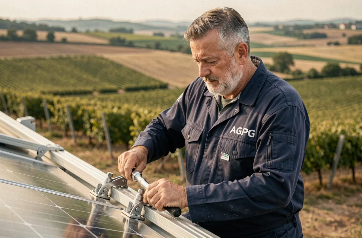Technicien AGPG serrant les fixations d'un panneau solaire sur un toit en milieu rural dans le Rhône avec des vignes en arrière-plan