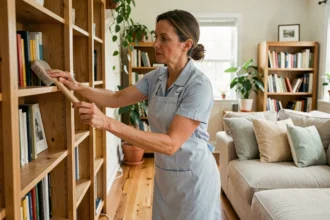 Aide ménagère professionnelle en tablier bleu dépoussiérant une bibliothèque en bois dans un salon cosy