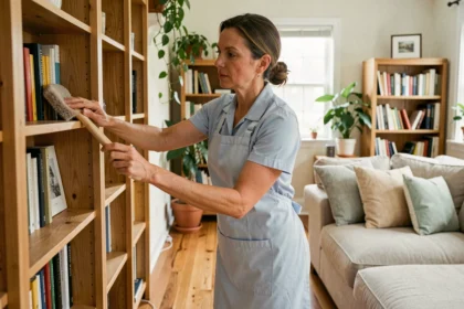 Aide ménagère professionnelle en tablier bleu dépoussiérant une bibliothèque en bois dans un salon cosy