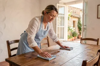 Aide ménagère essuyant une table en bois dans une maison provençale à La Seyne-sur-Mer
