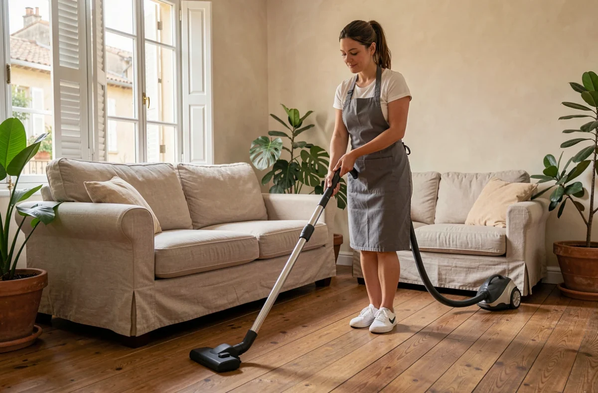 Aide ménagère passant l'aspirateur dans un salon de style provençal à Toulon