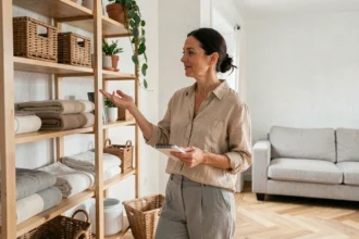 Femme qui organise intelligemment ses étagères de rangement dans un salon décoré avec soin et élégance