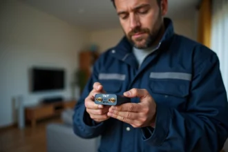 Technicien tenant un amplificateur TNT à brancher sur prise coaxiale dans un salon