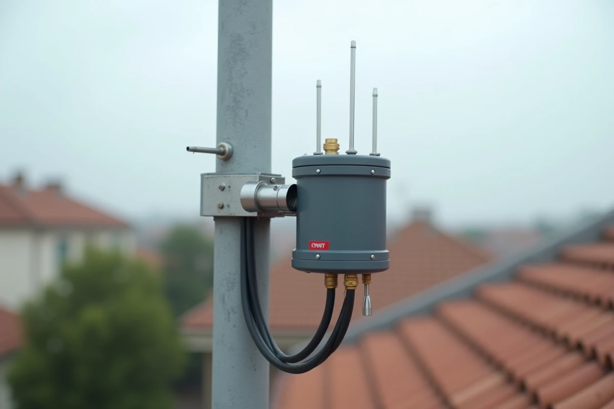 Amplificateur TNT intégré au mât antenne installé sur un toit de maison résidentielle