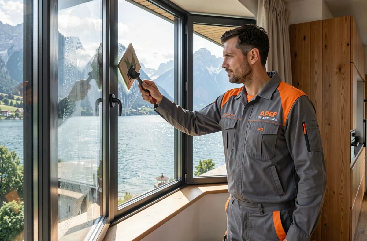 Agent Apef Services nettoyant une grande baie vitrée avec vue sur le lac d'Annecy et les Alpes