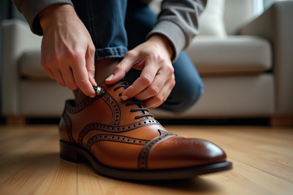 Mains appliquant de la graisse à doigts nus sur une chaussure en cuir marron, bouchant les perforations du cuir