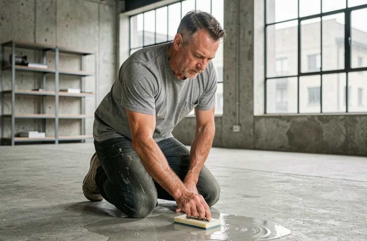 Homme appliquant un produit de protection sur un sol en béton brut dans un appartement industriel