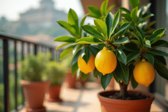 Arbre à citron en pot sur balcon ensoleille