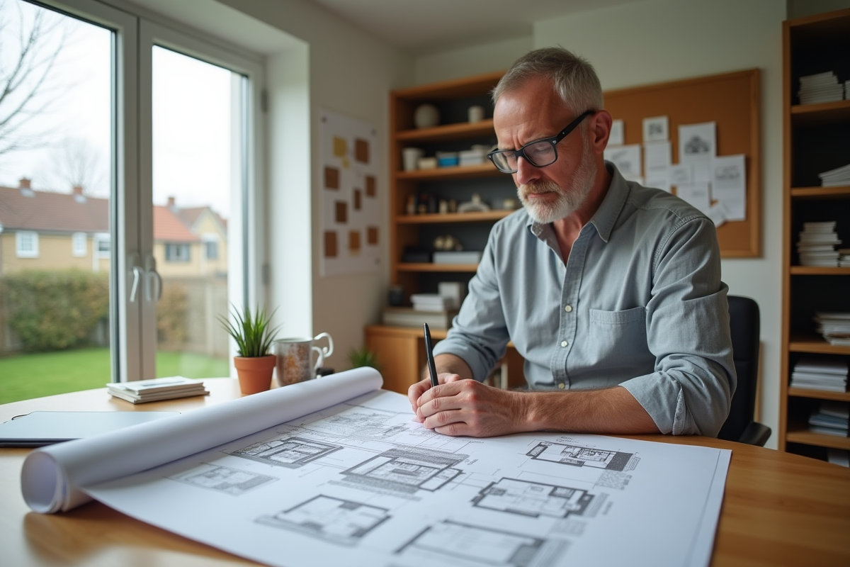 Architecte homme étudie plans de maison dans un bureau lumineux