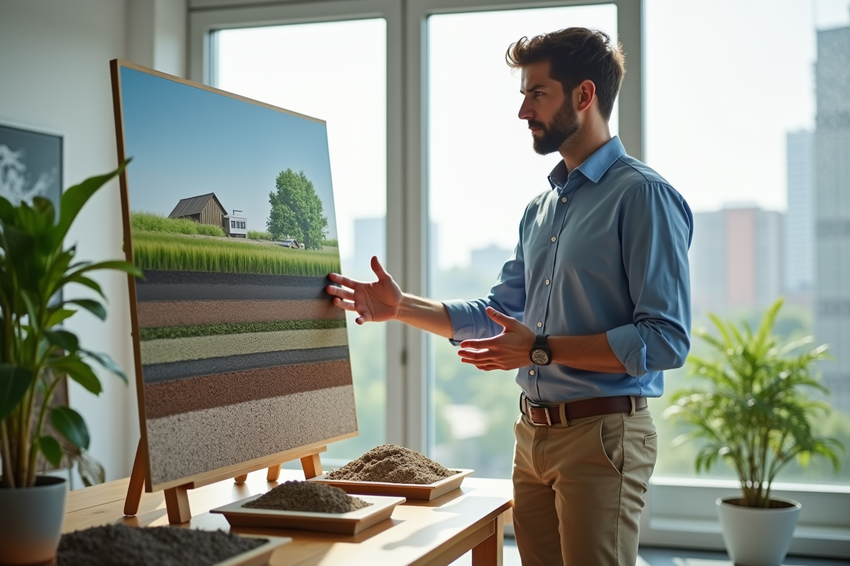 Jeune architecte montrant un diagramme de couches de substrats verts