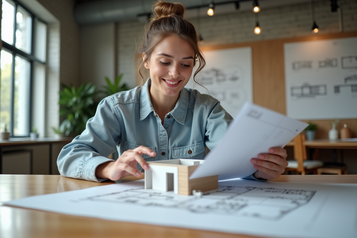 Jeune architecte montrant un modèle de fondation