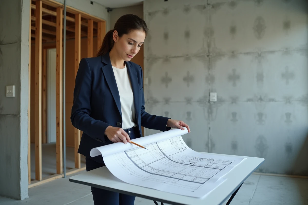 Architecte d'intérieur analysant un plan technique de cloisons en plâtre avec isolation dans un appartement en rénovation