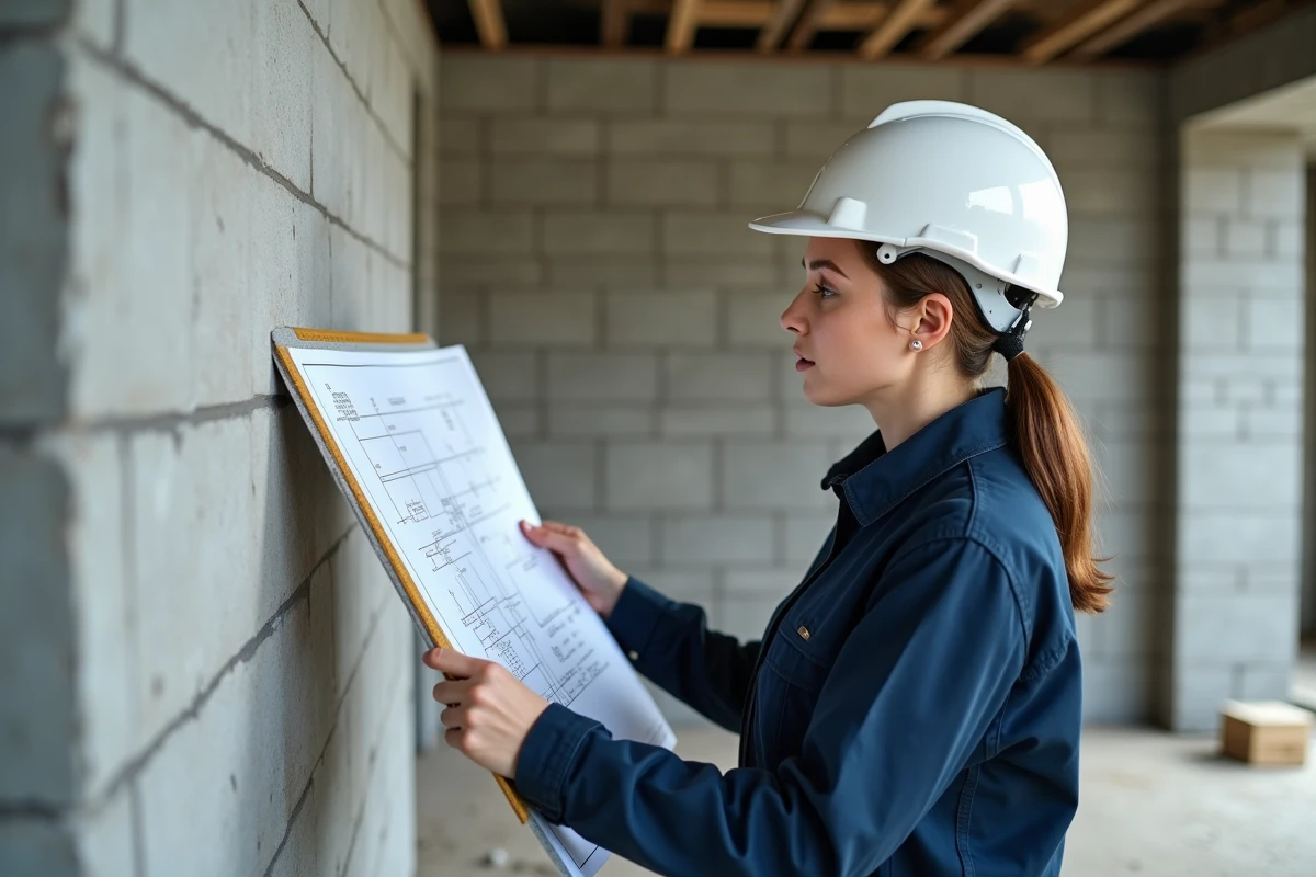 Architecte féminine consultant un plan technique devant un mur en parpaings dans une structure en construction