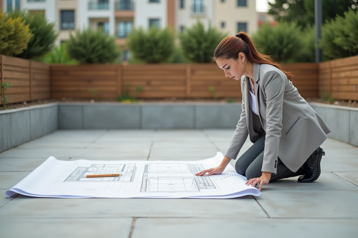 Jeune architecte examinant des plans sur une terrasse en béton