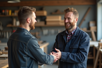 artisan homme souriant serre la main d'un client dans un atelier