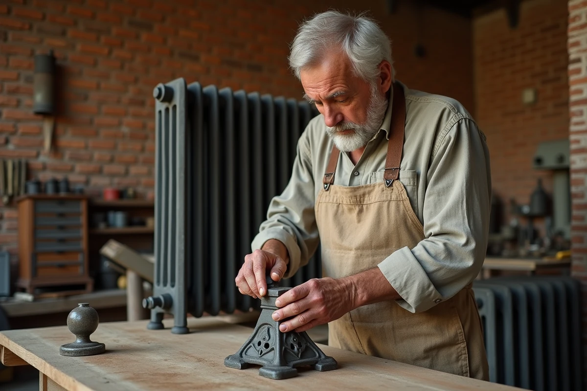 Artisan inspectant un pied de radiateur en fonte sur un établi dans un atelier de restauration