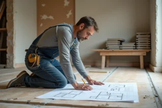 Artisan en salopette examinant des plans de rénovation sur un chantier maison avec murs en plâtre et matériaux de construction visibles