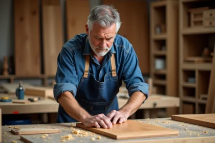Artisan en atelier appliquant un placage de bois fin sur un meuble