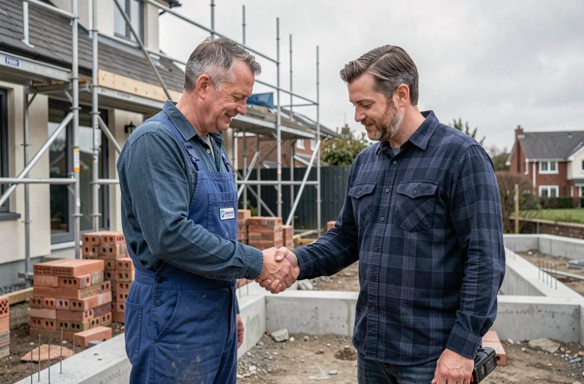 Artisan et propriétaire examinant ensemble un devis de construction devant une maison en chantier