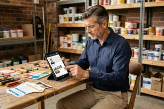 Artisan consultant son profil Proxichantier sur une tablette dans son atelier, remplaçant les flyers traditionnels par une plateforme numérique