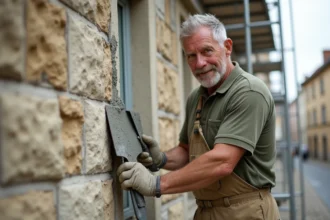 Artisan maçon appliquant un enduit de ravalement sur une façade en pierre ancienne avec une taloche inox