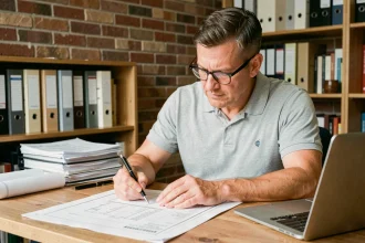 Artisan en bâtiment vérifiant un devis de rénovation posé sur un bureau avec des plans architecturaux
