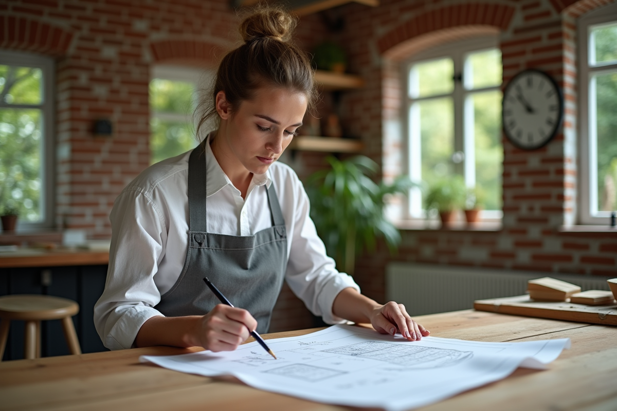 femme artisan examine des plans dans un studio lumineux