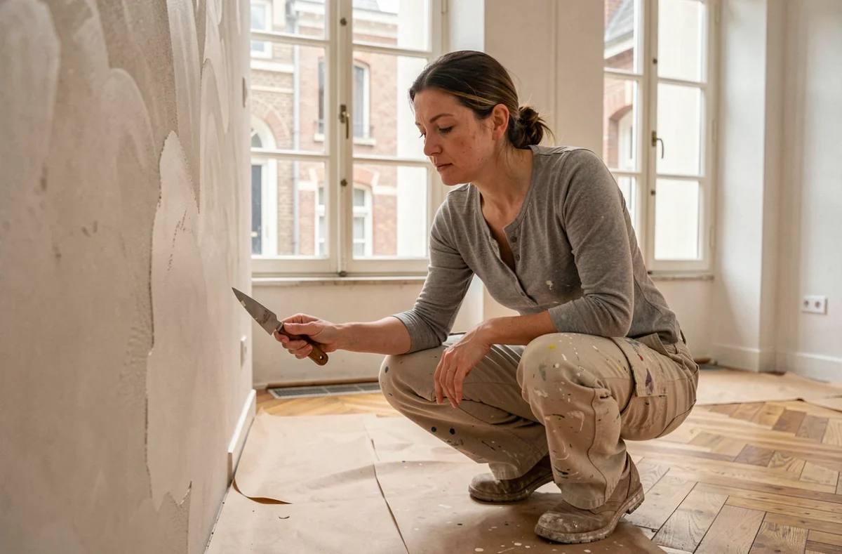 Artisane plâtrière inspectant un mur fraîchement enduit dans un appartement en rénovation à Lille