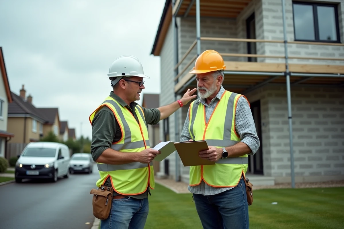 Deux artisans en gilet de sécurité discutant sur un chantier de rénovation extérieure d'une maison avec échafaudage et façade en cours de ravalement