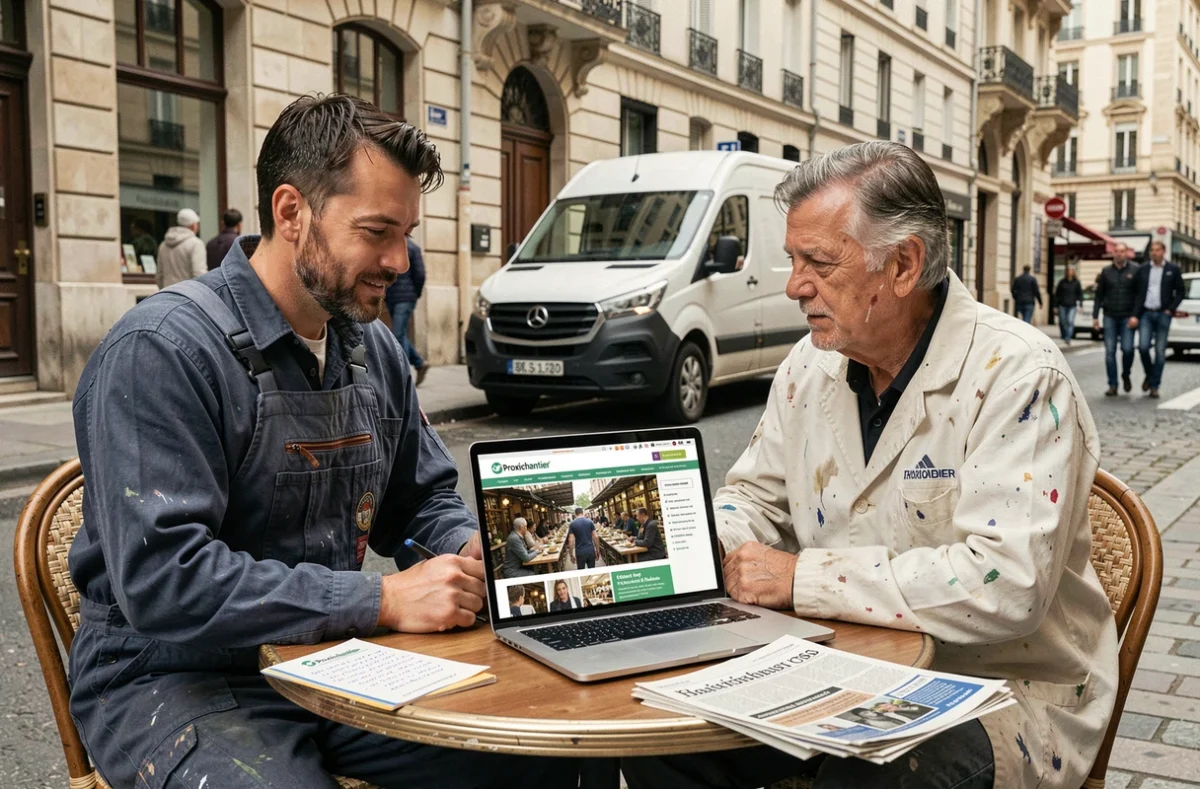 Deux artisans consultant une plateforme en ligne pour remplacer leurs petites annonces et flyers dans un contexte urbain