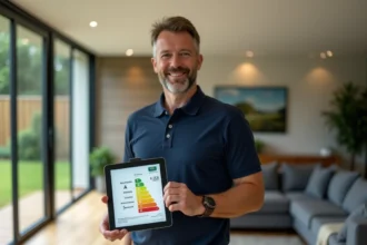 Auditeur énergétique professionnel tenant une tablette affichant un diagnostic de performance énergétique dans un salon moderne, illustrant l'évaluation énergétique HabitatFuturVert.fr