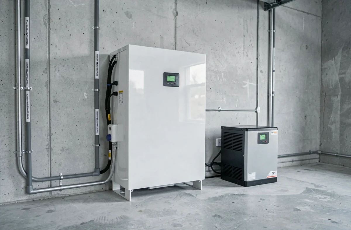 Batterie lithium de stockage d'énergie solaire installée dans un garage résidentiel