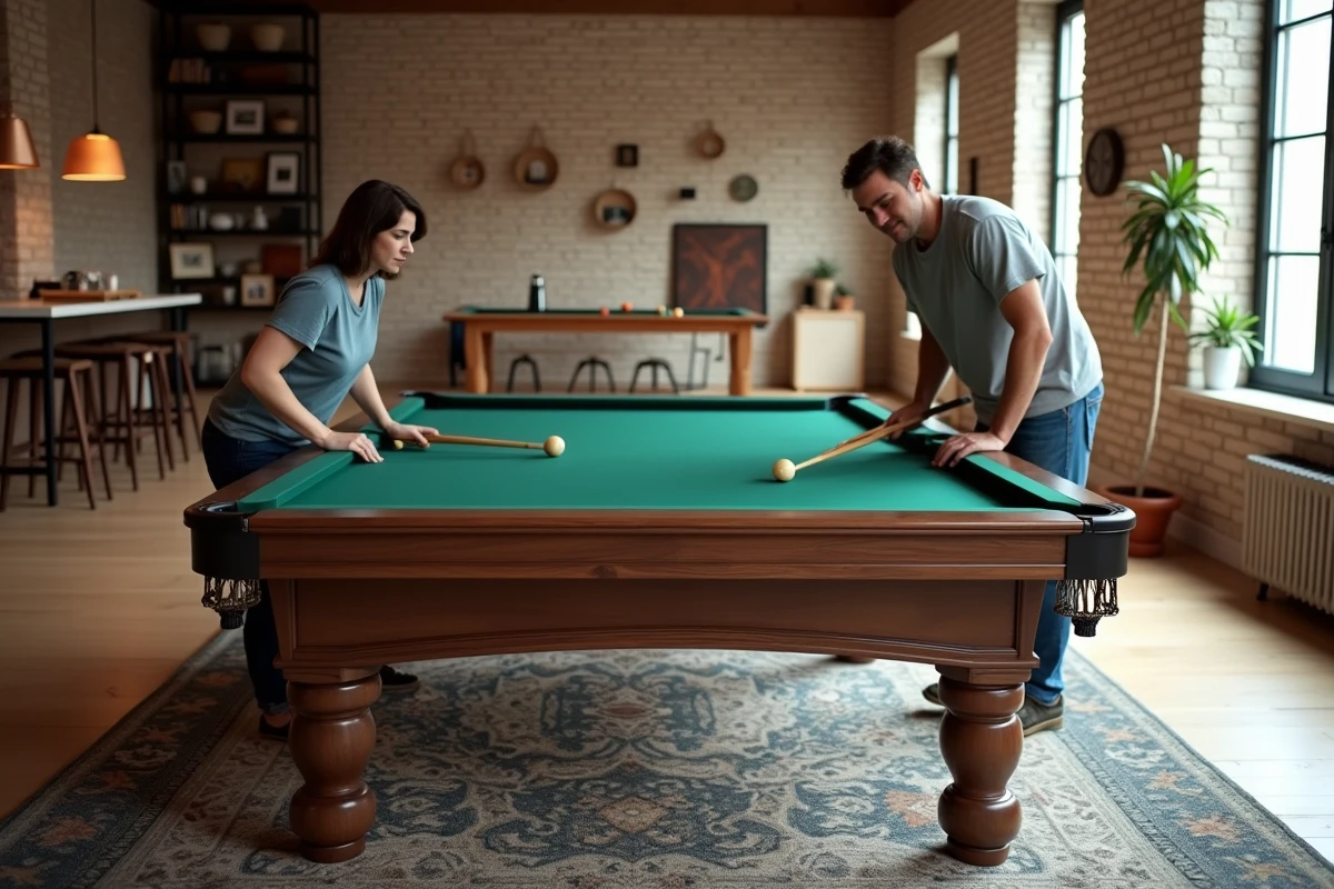 Billard américain taille standard intégré dans un salon contemporain avec décoration minimaliste
