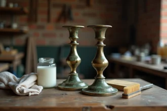 Bougeoirs en laiton oxydé et piqué posés sur un établi en bois avec du vinaigre blanc et une brosse pour le nettoyage