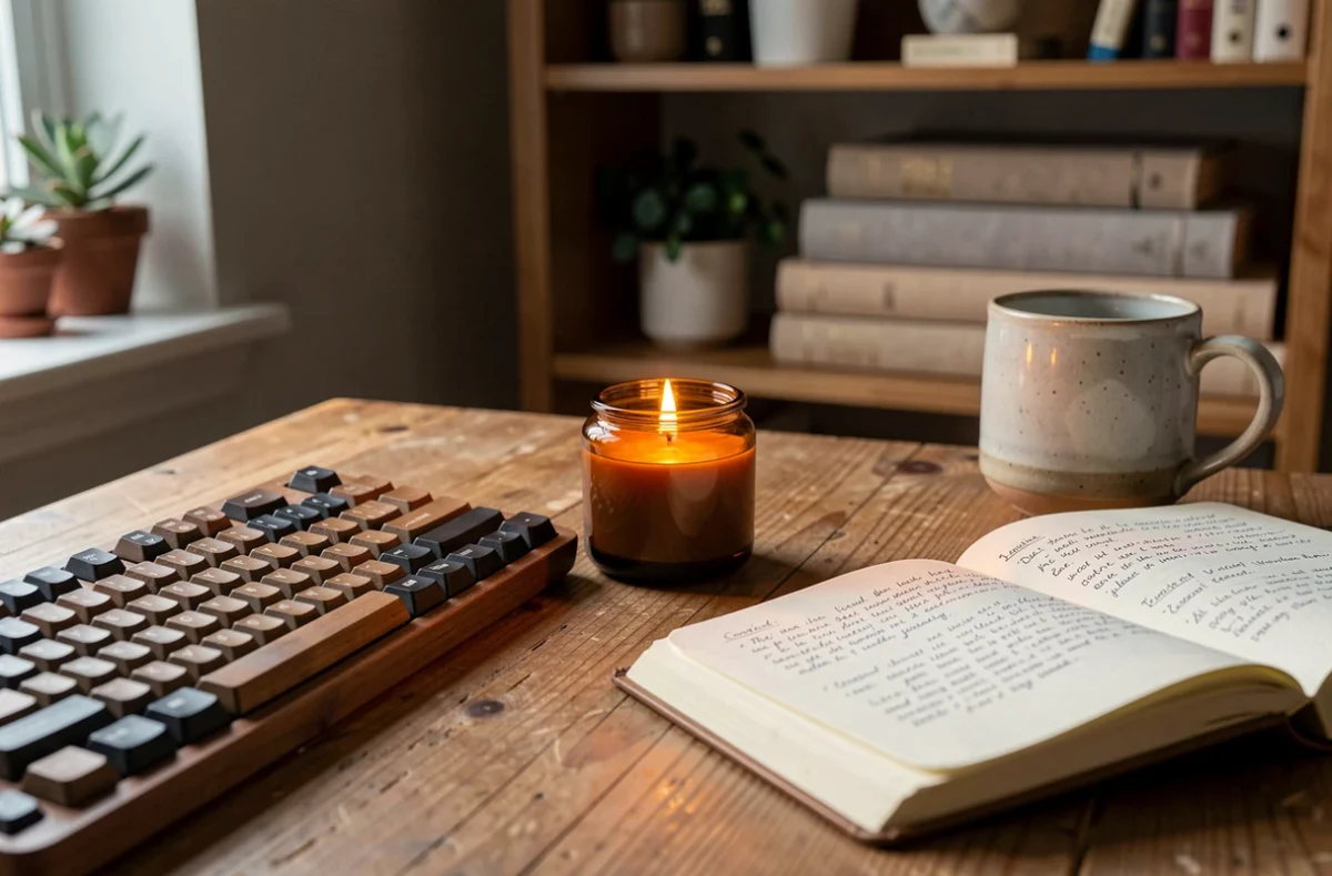Bougie artisanale naturelle allumée sur un bureau cosy avec journal et mug dans un espace de travail à domicile