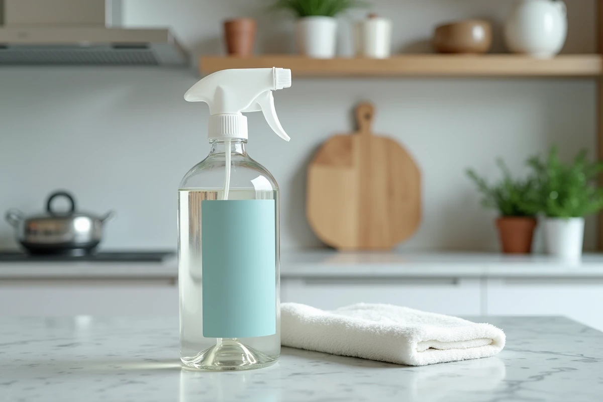 Bouteille de produit dégraissant H2O en verre posée sur un plan de travail propre avec un filtre de hotte récemment nettoyé