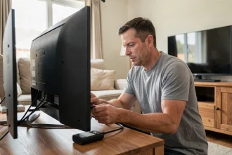 Homme branchant un splitter HDMI derrière un téléviseur pour connecter deux TV sur un seul décodeur dans un salon moderne