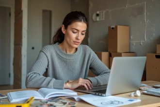 Femme préparant son budget travaux 2026 avec des échantillons de matériaux et un ordinateur portable dans une cuisine en rénovation