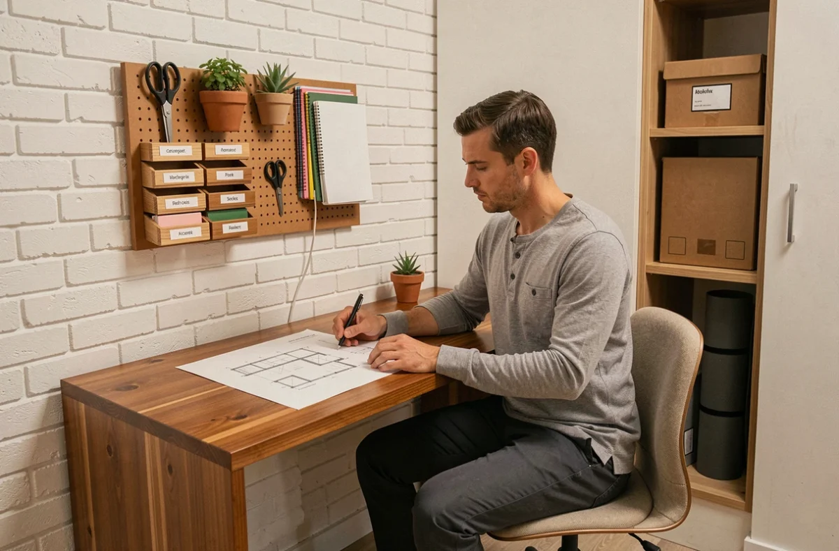 Bureau à domicile bien organisé avec rangements muraux et matériaux naturels pour un espace de travail serein