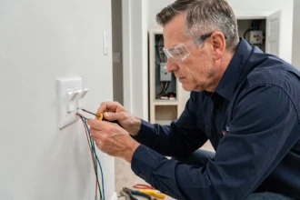 Électricien câblant un va-et-vient double interrupteur deux lampes dans un couloir de maison moderne
