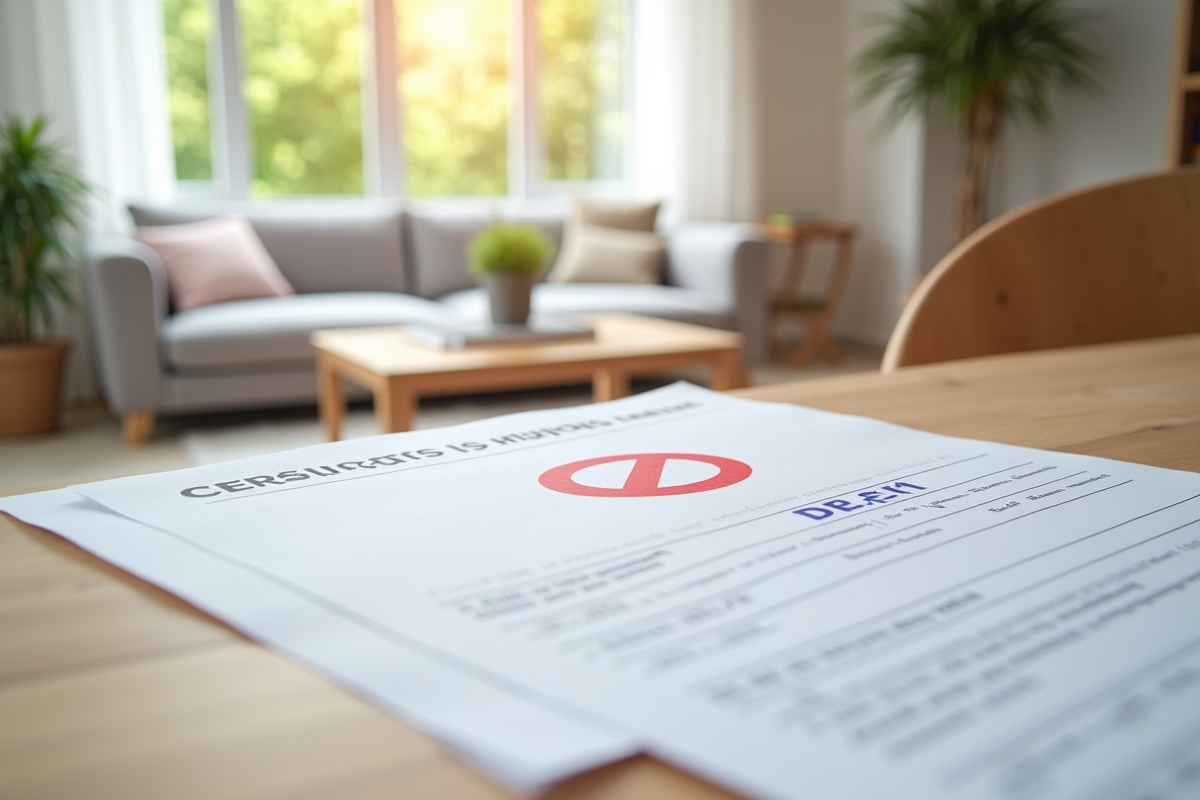 Certificat DPE avec croix rouge sur table avec contrat de location