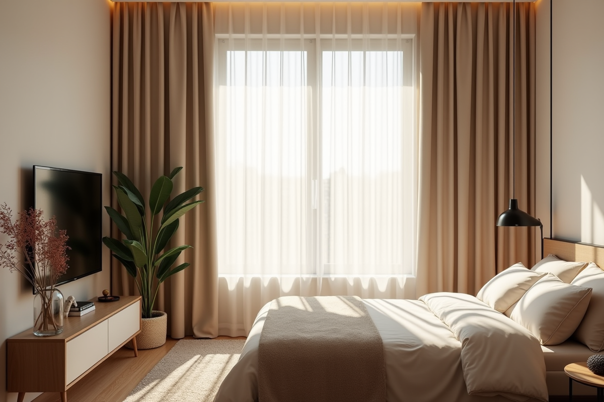 Chambre chaleureuse avec rideaux beige et lumière douce