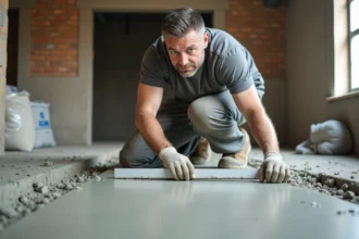 Ouvrier du bâtiment en train de lisser une chape intérieure fraîchement coulée avec une règle en aluminium dans une pièce en construction