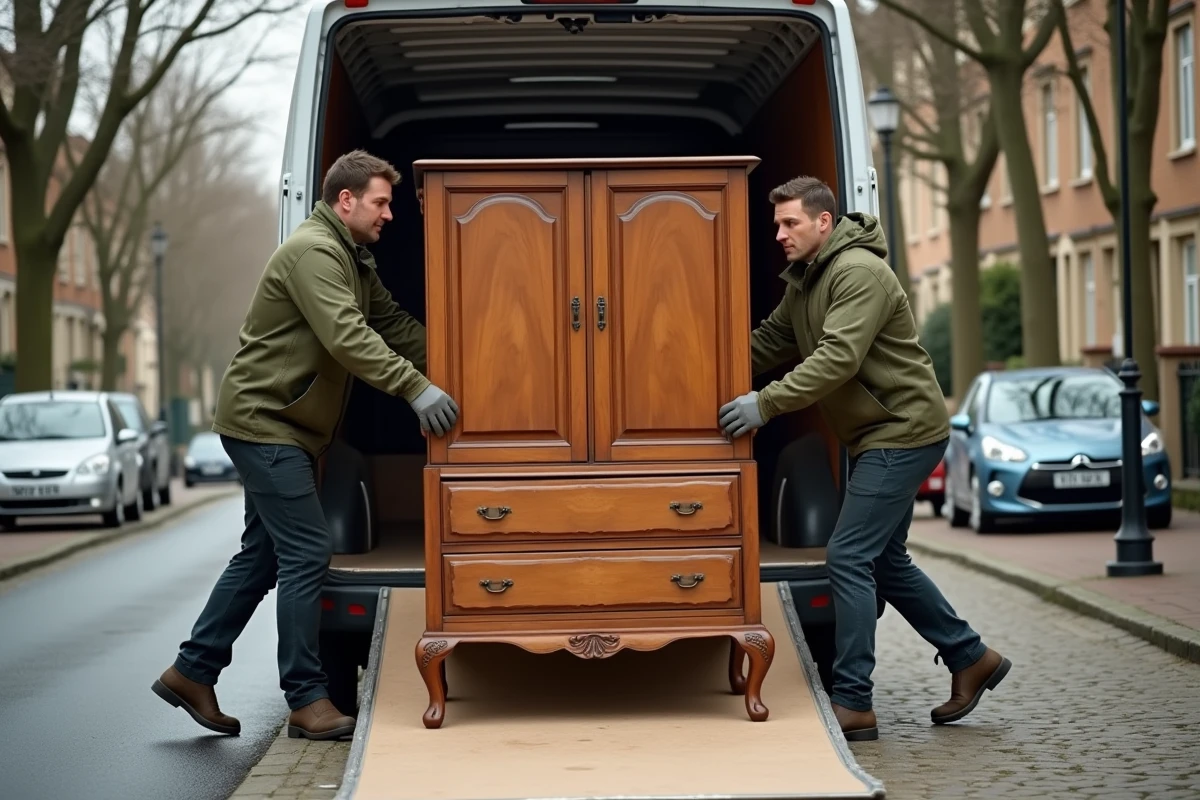 Deux déménageurs chargeant une armoire ancienne dans un camion avec des couvertures de protection pour éviter les dommages