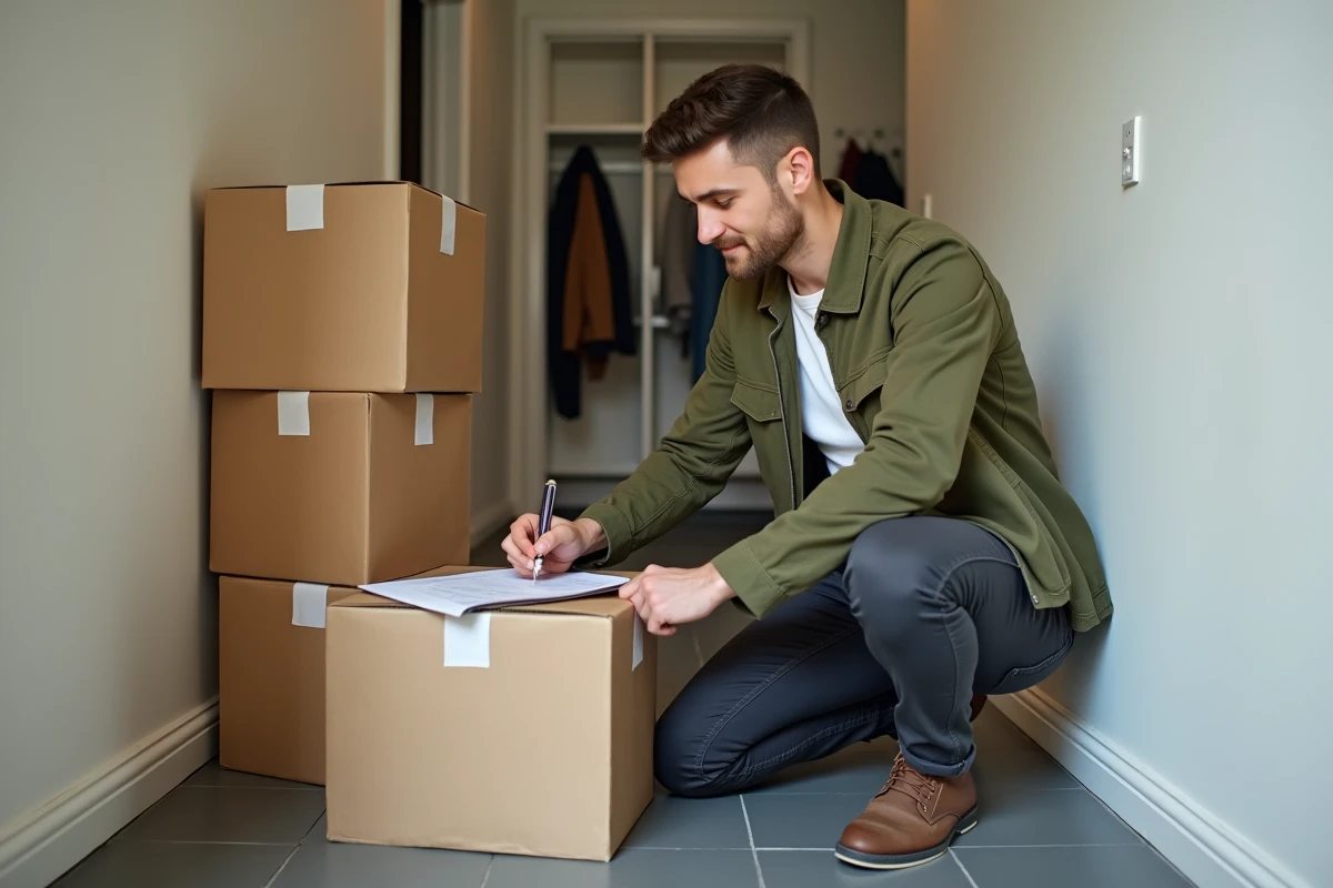 Jeune homme cochant une checklist de déménagement à côté de cartons étiquetés dans un couloir d'appartement