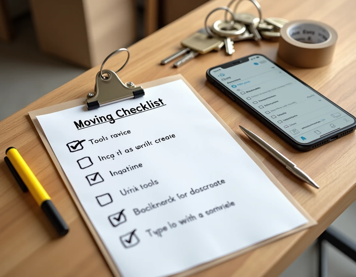 Vue à plat d'une checklist de déménagement avec clés d'appartement, stylo et ruban adhésif sur une table en bois pour un premier logement