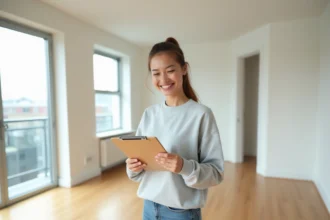 Jeune femme consultant une checklist de déménagement dans un appartement vide pour un premier logement